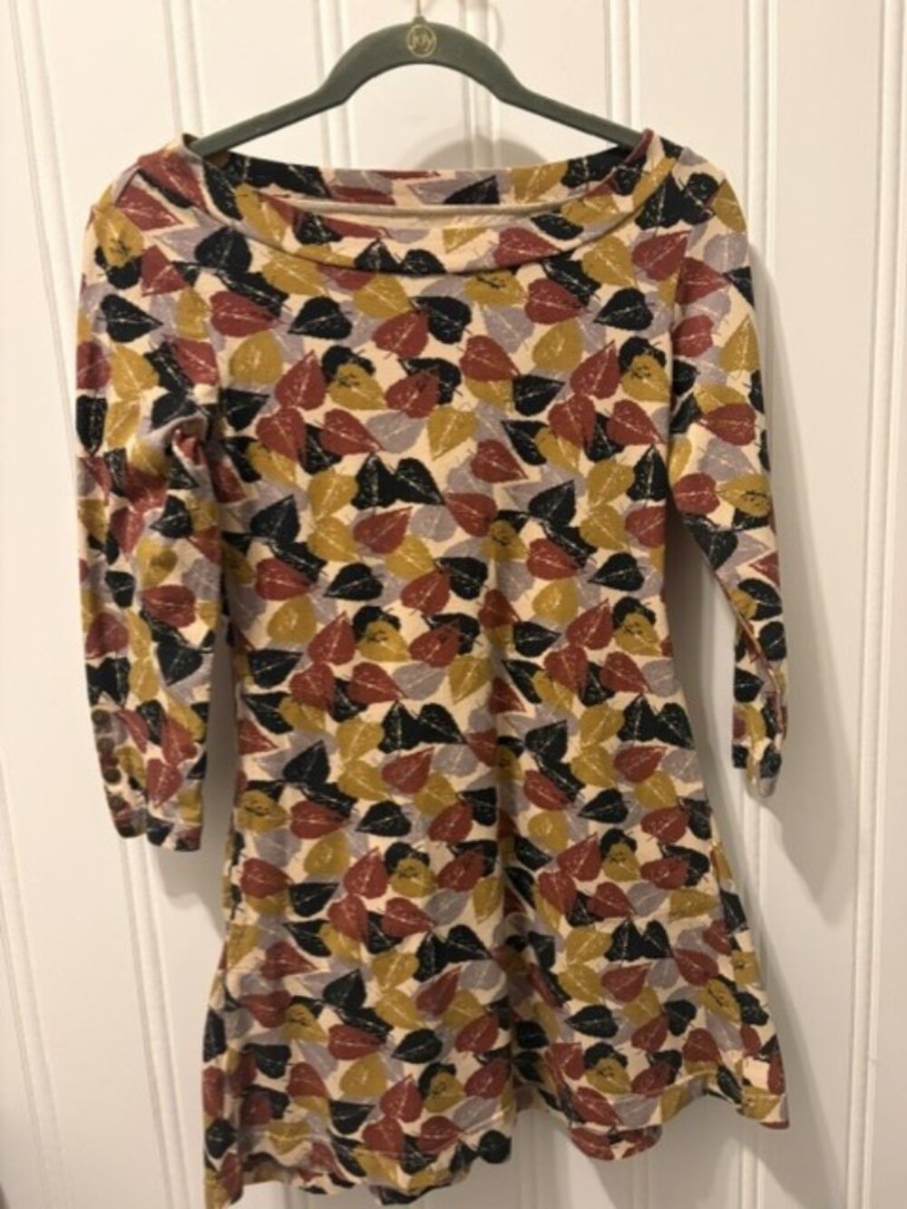 Effie's Heart Leaf Print Cotton Stretch Dress Cowl Neck Heart Buttons Small